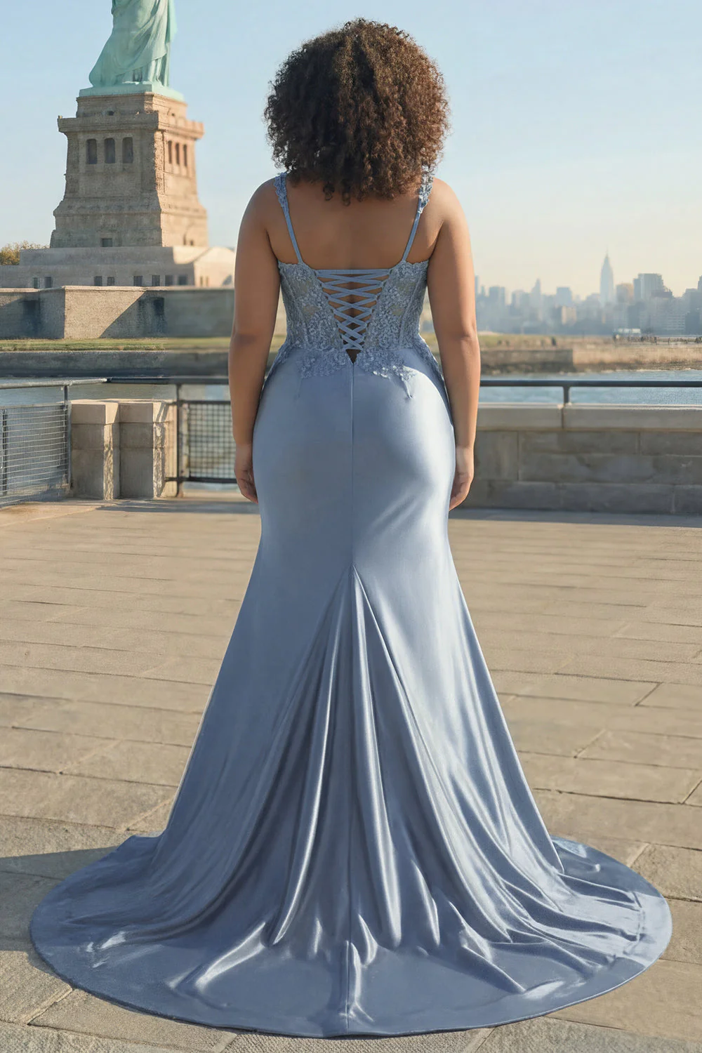 Szaro-niebieski gorset, satynowa syrena, marszczona z marszczkami, długa plus size sukienka balowa z rozcięciem - Image 2