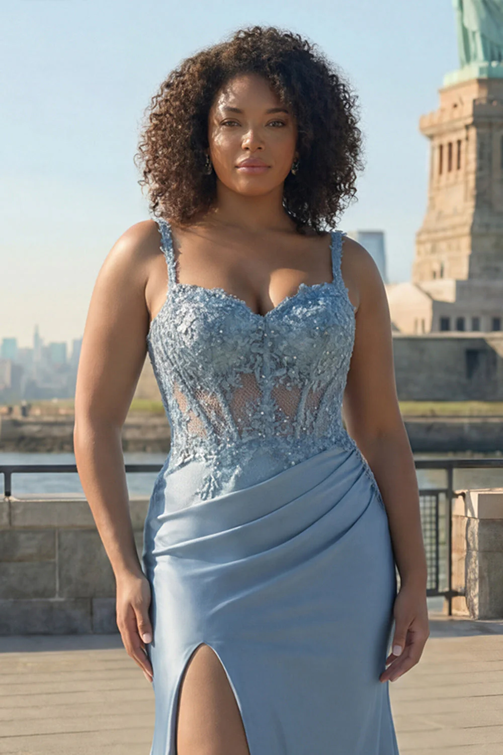 Szaro-niebieski gorset, satynowa syrena, marszczona z marszczkami, długa plus size sukienka balowa z rozcięciem - Image 3