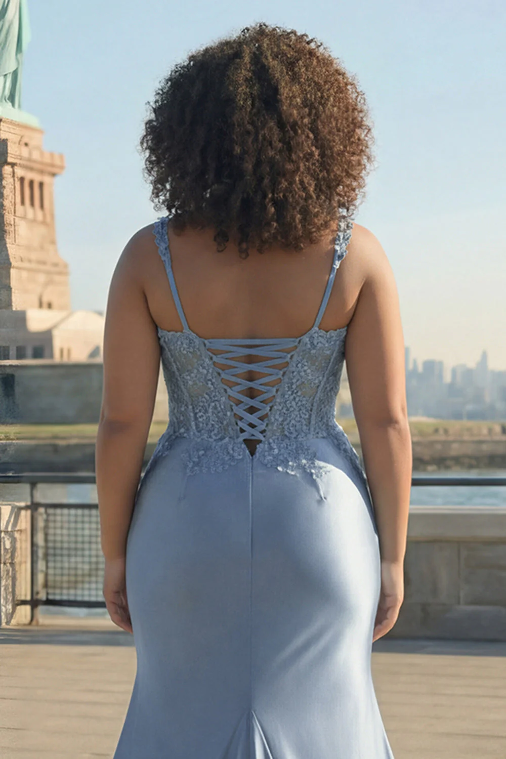 Szaro-niebieski gorset, satynowa syrena, marszczona z marszczkami, długa plus size sukienka balowa z rozcięciem - Image 4