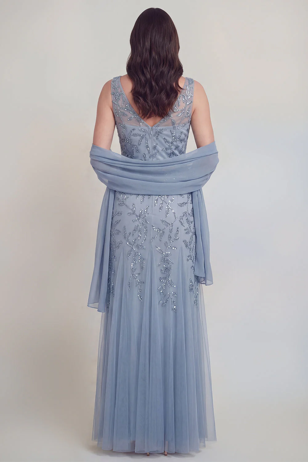 Szaro-niebieski kwiatowy dekolt w serek A Line Tiul Long Mother of The Bride Dress - Image 2