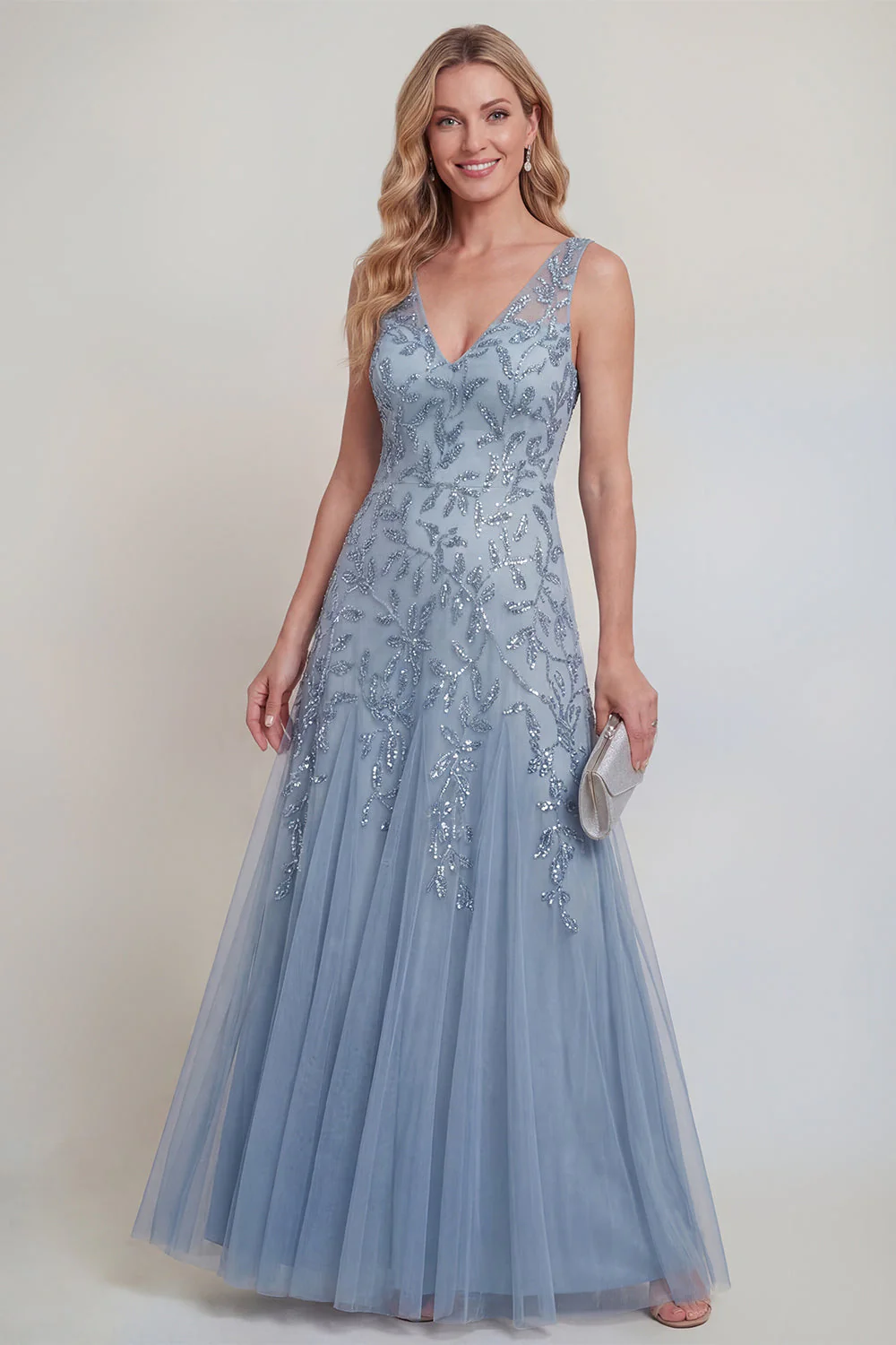 Szaro-niebieski kwiatowy dekolt w serek A Line Tiul Long Mother of The Bride Dress - Image 3