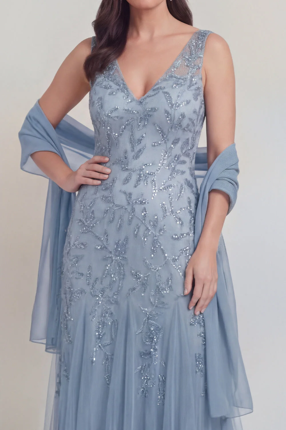 Szaro-niebieski kwiatowy dekolt w serek A Line Tiul Long Mother of The Bride Dress - Image 4