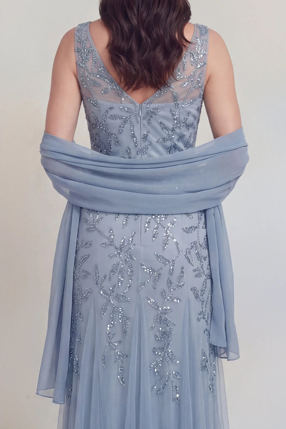 Szaro-niebieski kwiatowy dekolt w serek A Line Tiul Long Mother of The Bride Dress - Image 5