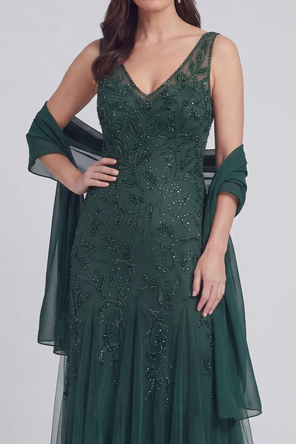 Szaro-niebieski kwiatowy dekolt w serek A Line Tiul Long Mother of The Bride Dress - Image 8