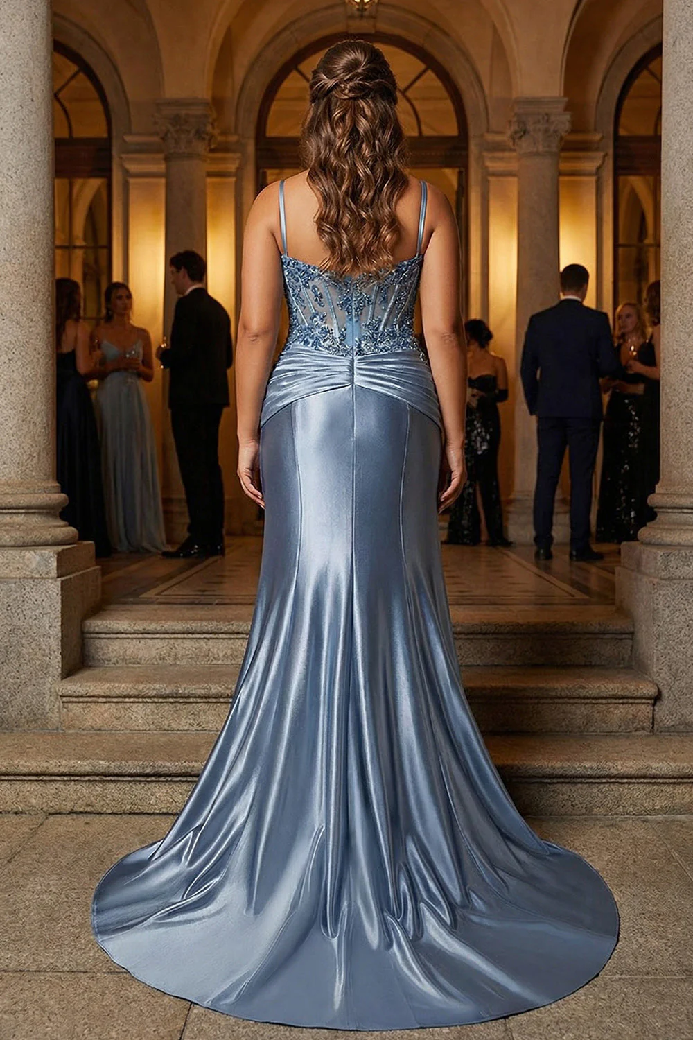 Szaro-niebieskie ramiączka Spaghetti Straps, długa sukienka na bal plus size z aplikacjami - Image 2