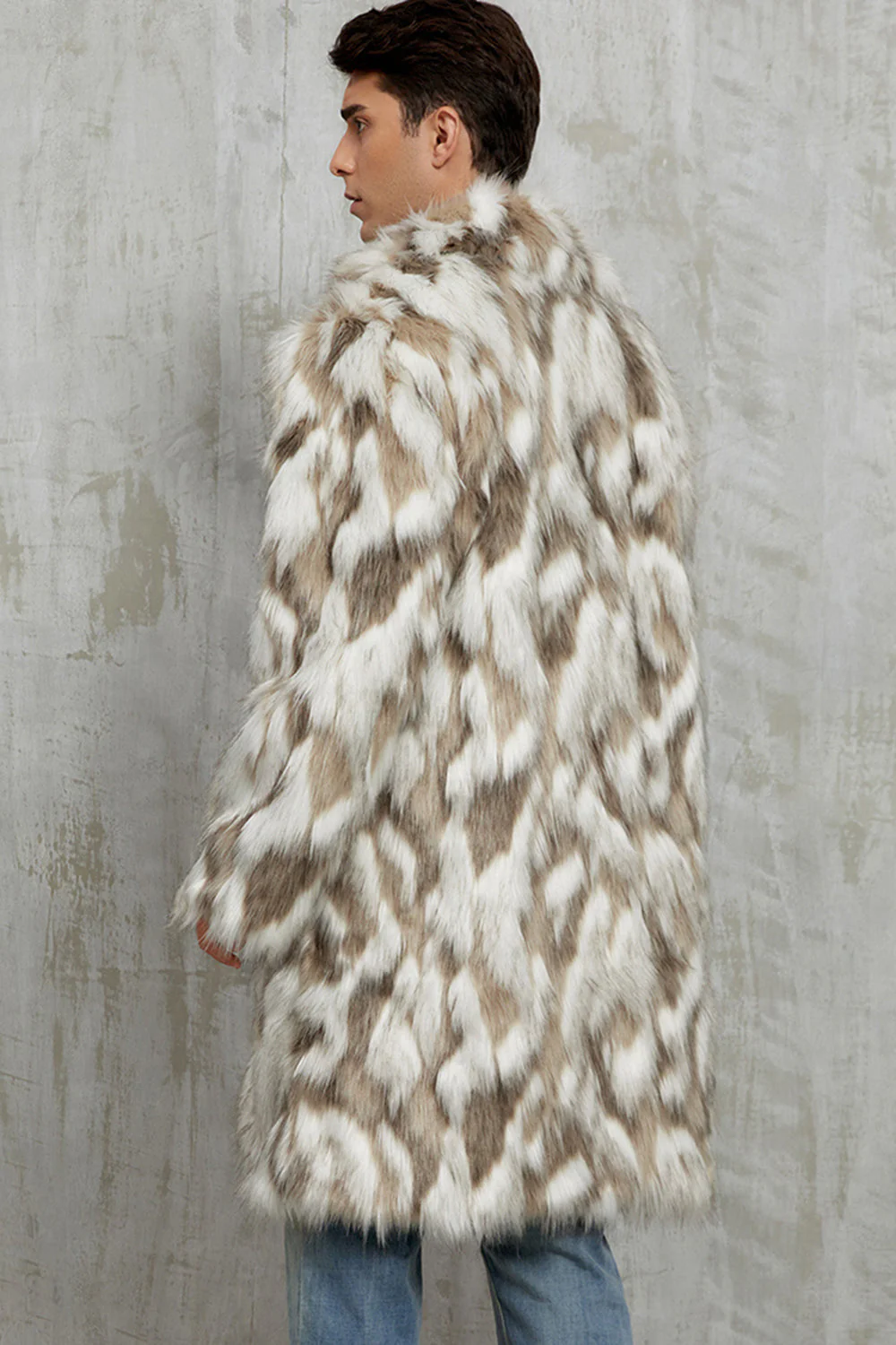 Szary faux fur z karbowanymi klapami długi zimowy męski płaszcz - Image 2