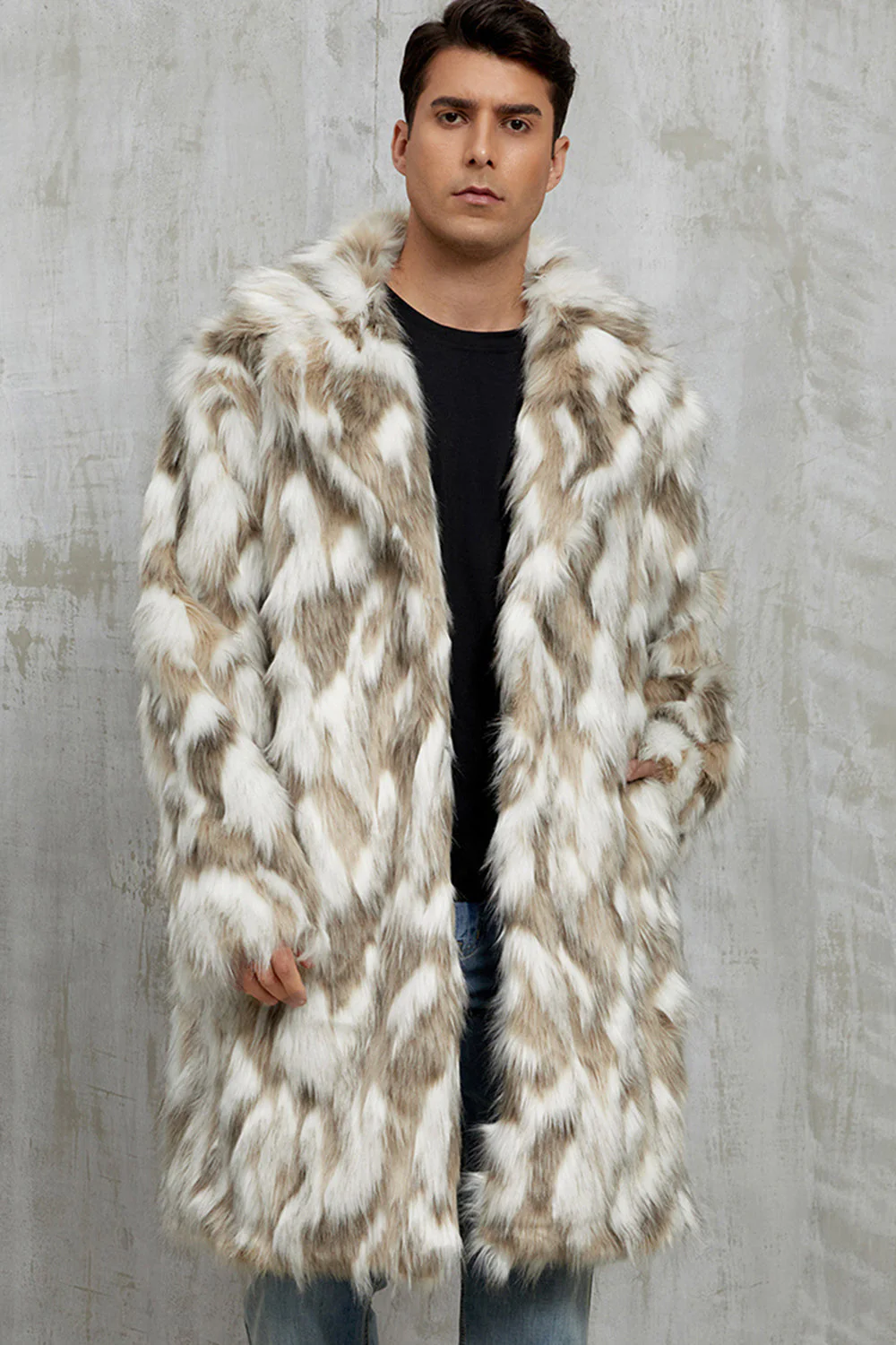 Szary faux fur z karbowanymi klapami długi zimowy męski płaszcz - Image 3