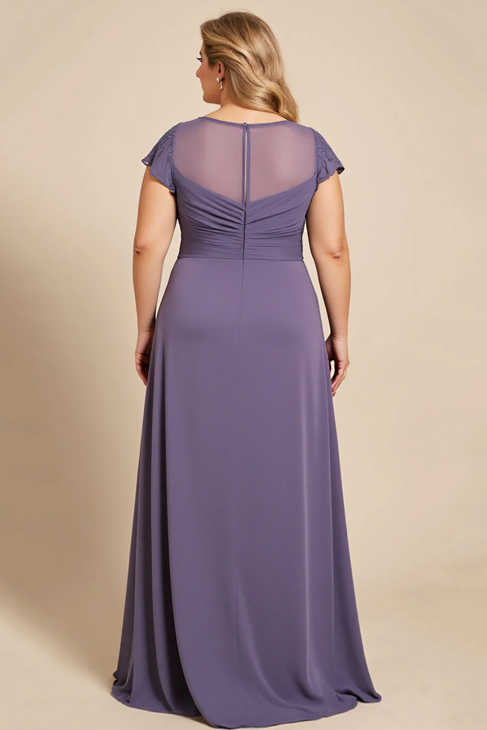 Szary Fioletowy Plus Size Kształcie Litery A Szyfon Długa Sukienki Na Wesele z Krótkie Rękawy - Image 2