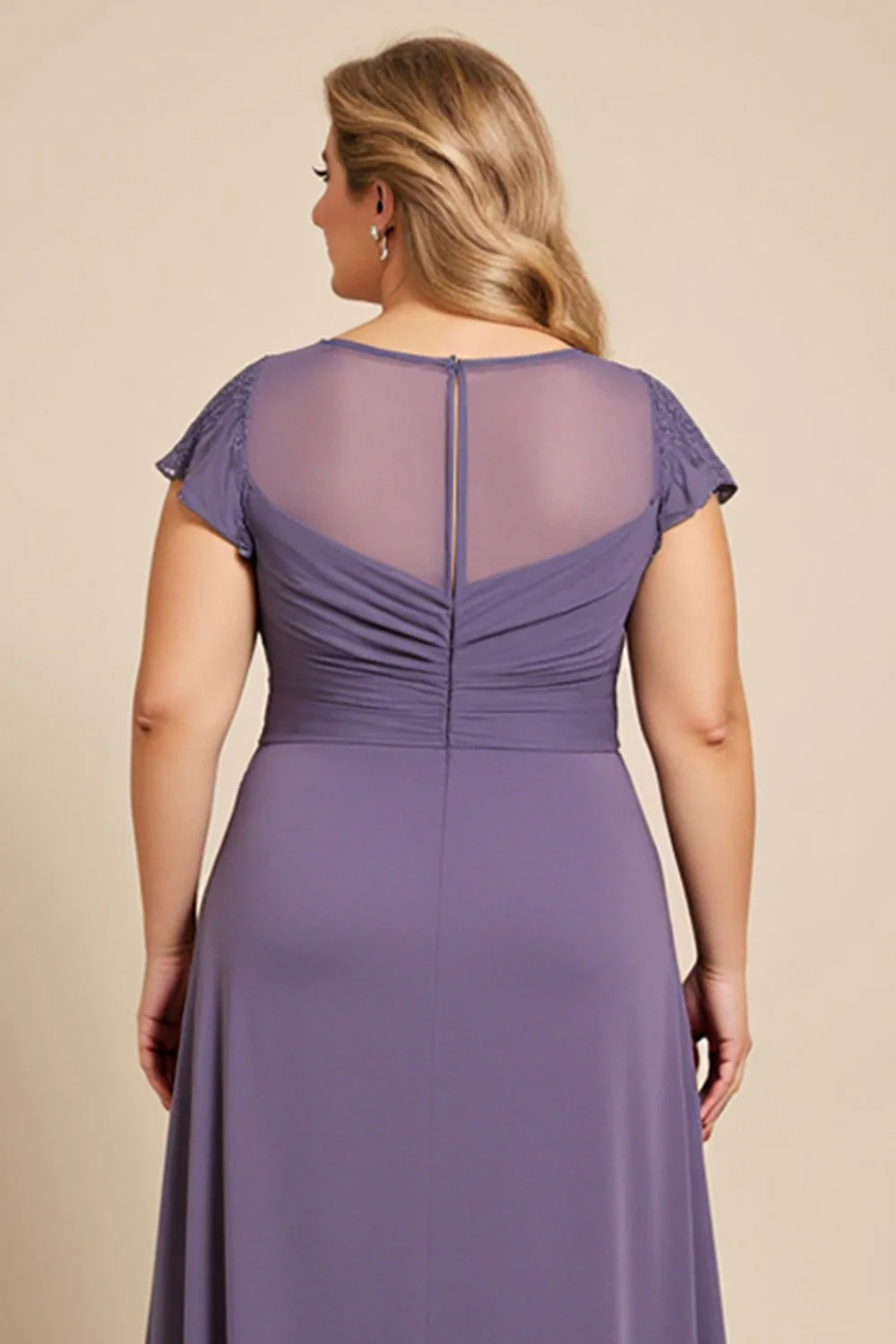 Szary Fioletowy Plus Size Kształcie Litery A Szyfon Długa Sukienki Na Wesele z Krótkie Rękawy - Image 4
