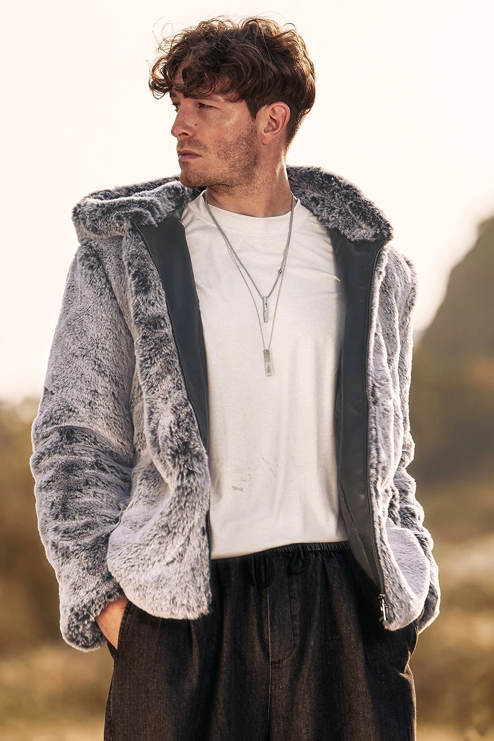 Szary Męski Płaszcz Zimowy Midi Shearling Z Kapturem - Image 6