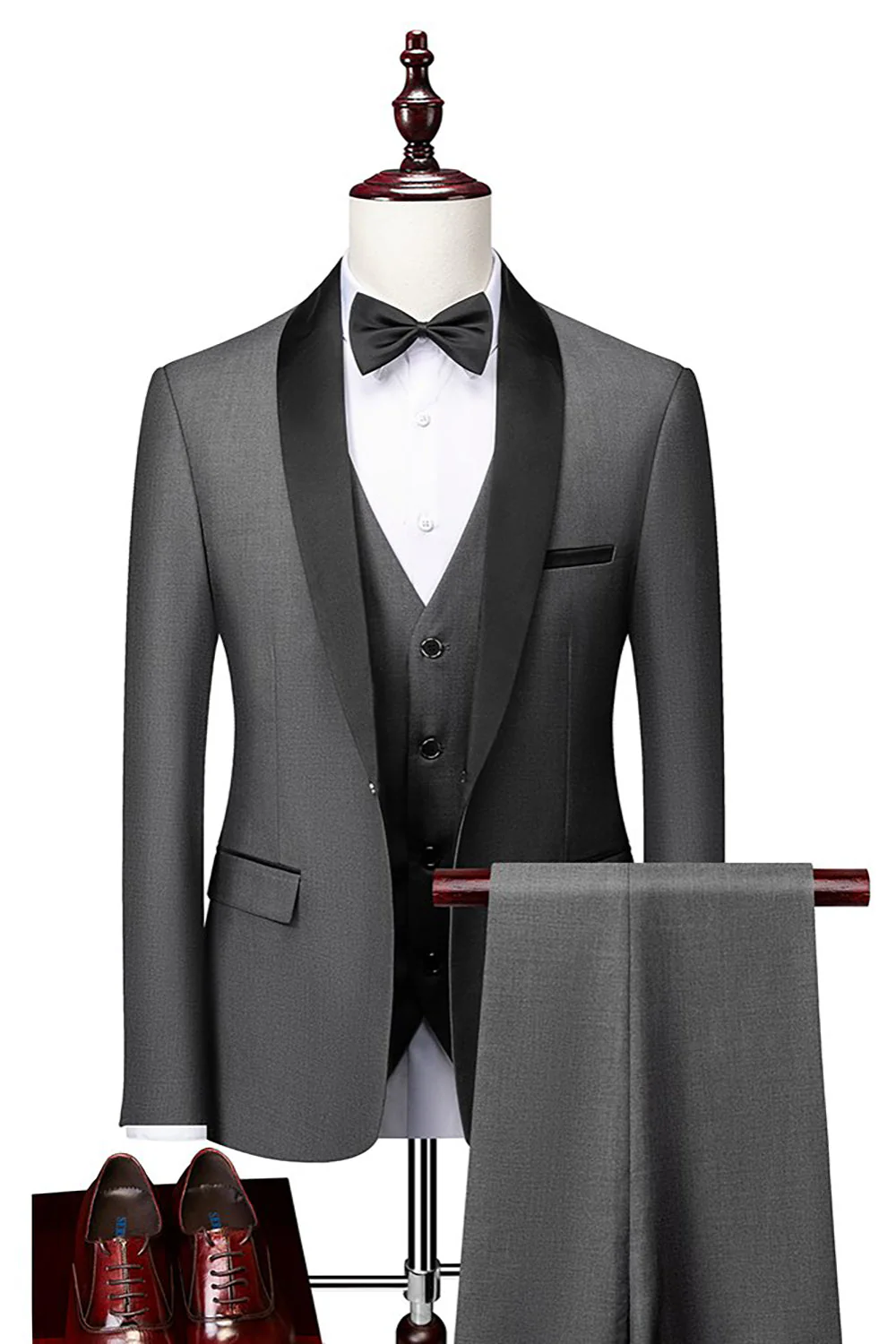 Szary szal Lapel Męskie 3-częściowe garnitury - Image 3