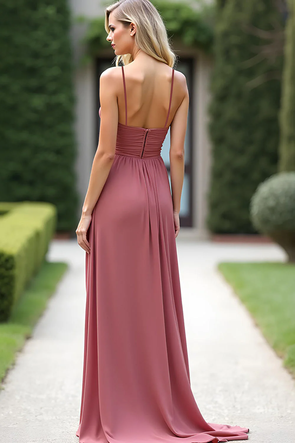 Szyfonowe ramiączka spaghetti Dusty Rose Długa sukienka dla druhen z rozcięciem - Image 2