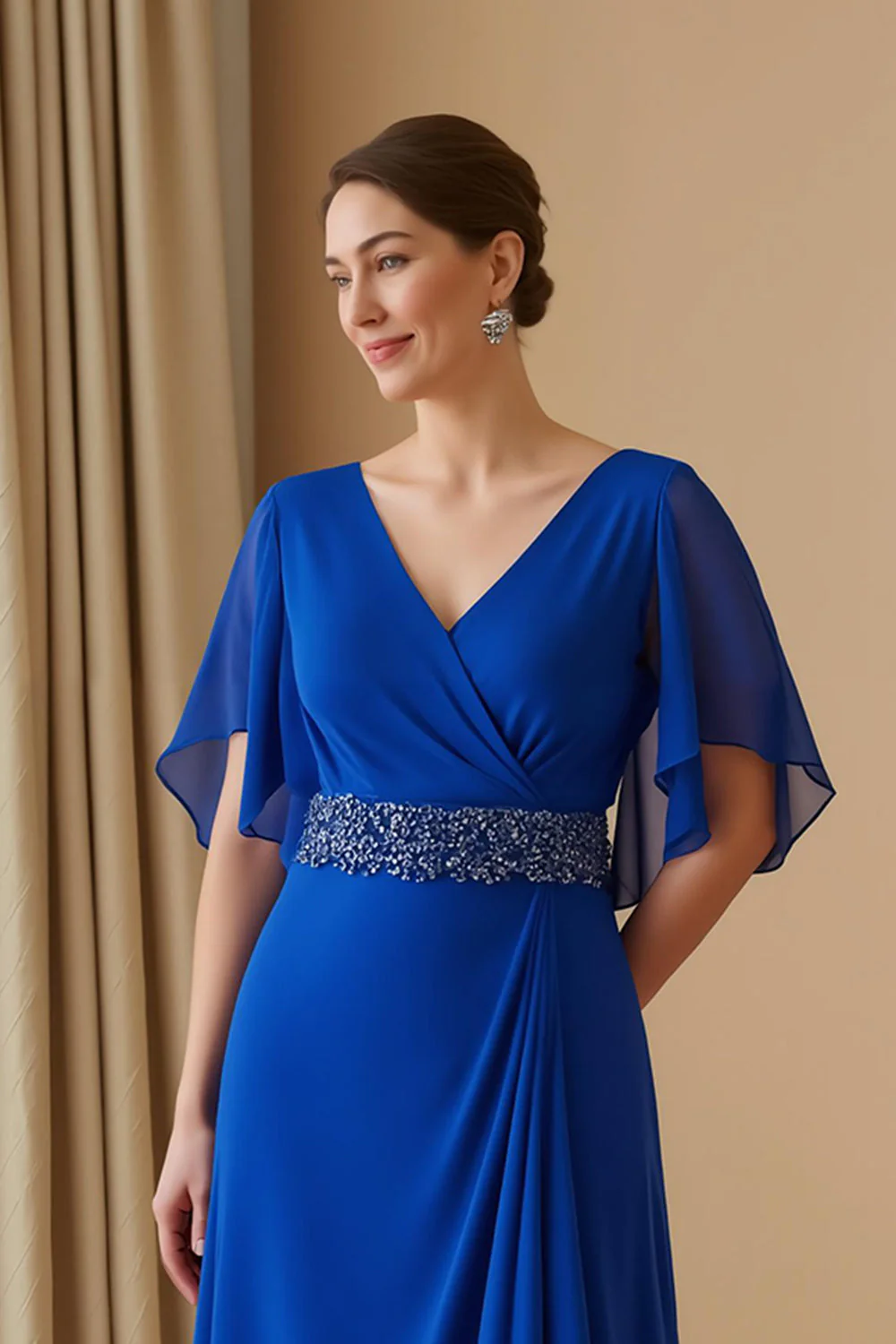 Szyfonowy rękaw z trzepotaniem Dekolt w szpic Linia Royal Blue Wedding Guest Dress z koralikami - Image 2