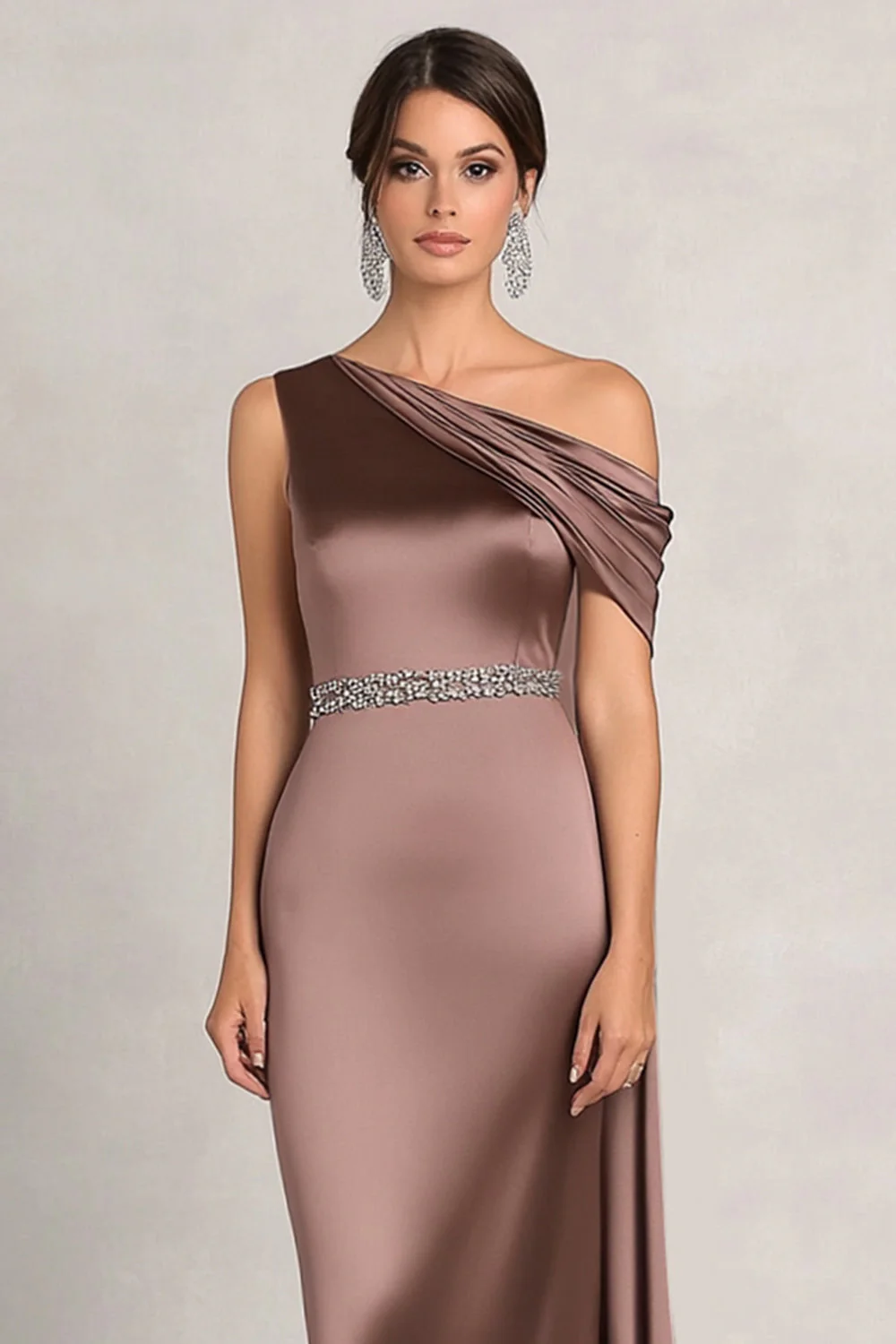 Taupe Sheath Na Jedno Ramię Ruched Rhinetones Satynowa Sukienka Matki Panny Młodej - Image 2