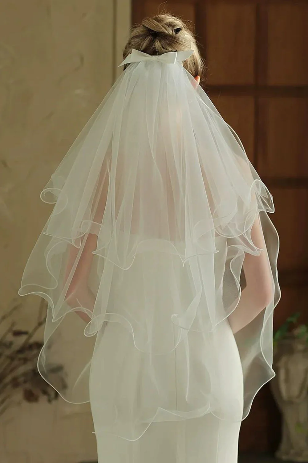 Tulle Ivory krótki welon ślubny z kokardą - Image 2