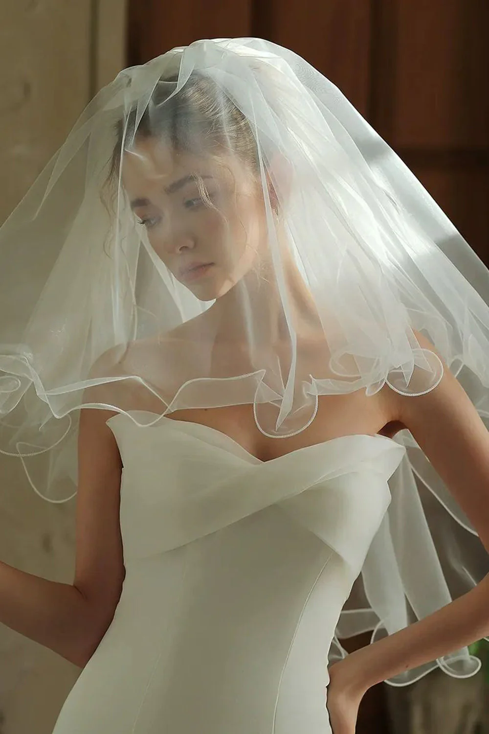 Tulle Ivory krótki welon ślubny z kokardą - Image 4