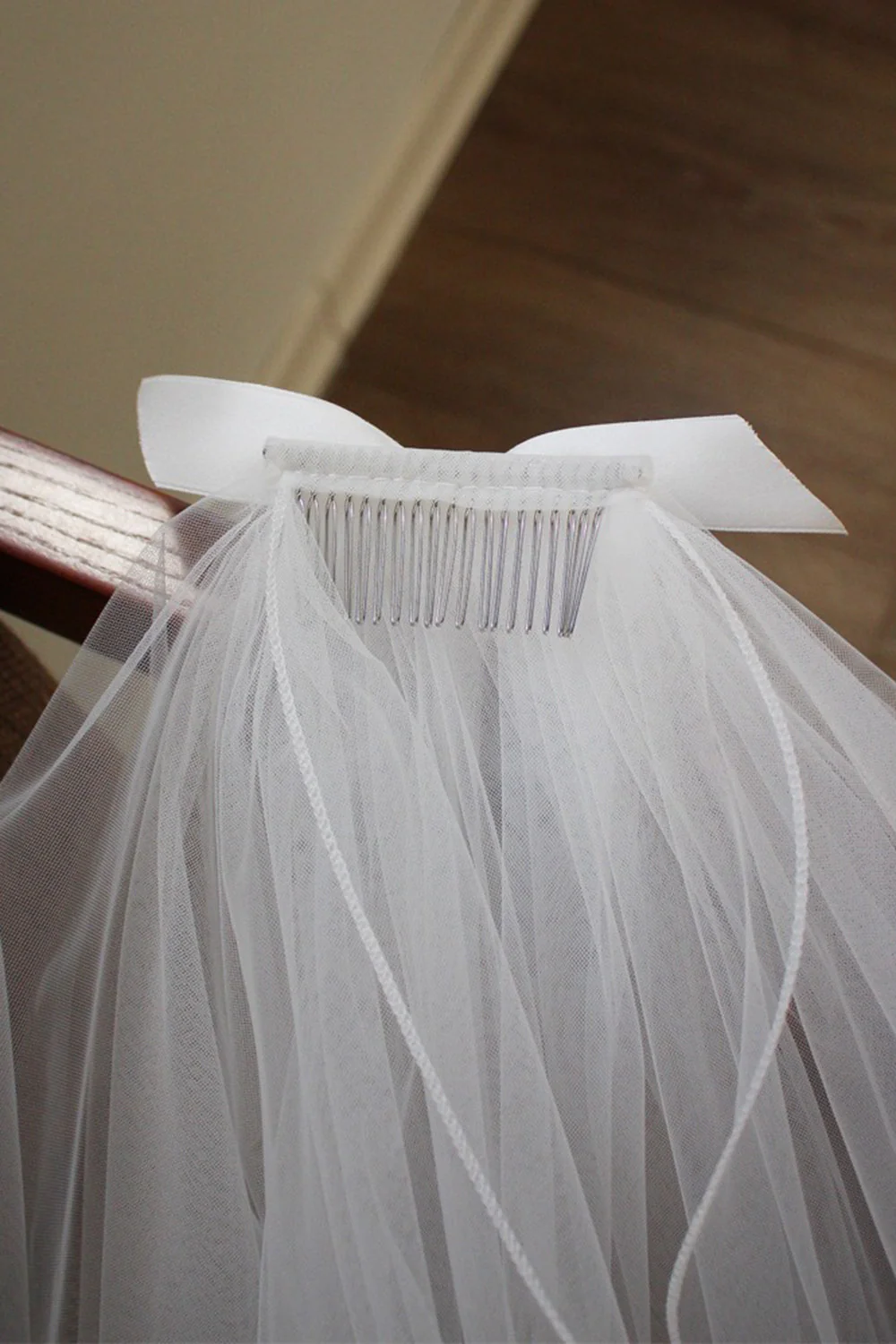 Tulle Ivory krótki welon ślubny z kokardą - Image 5