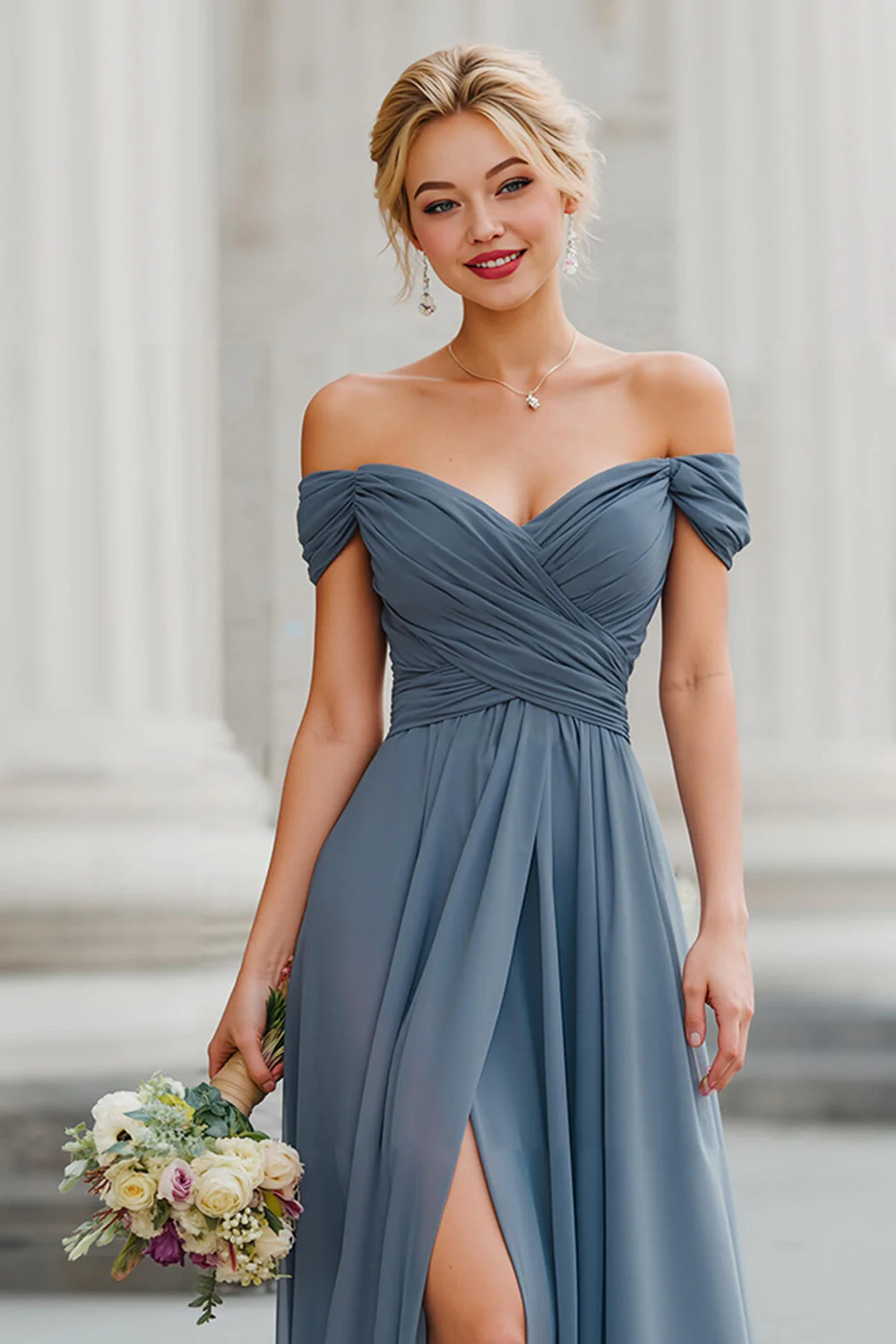 Twilight A Line Off the Shoulder Maxi sukienka dla druhen z rozcięciem - Image 3
