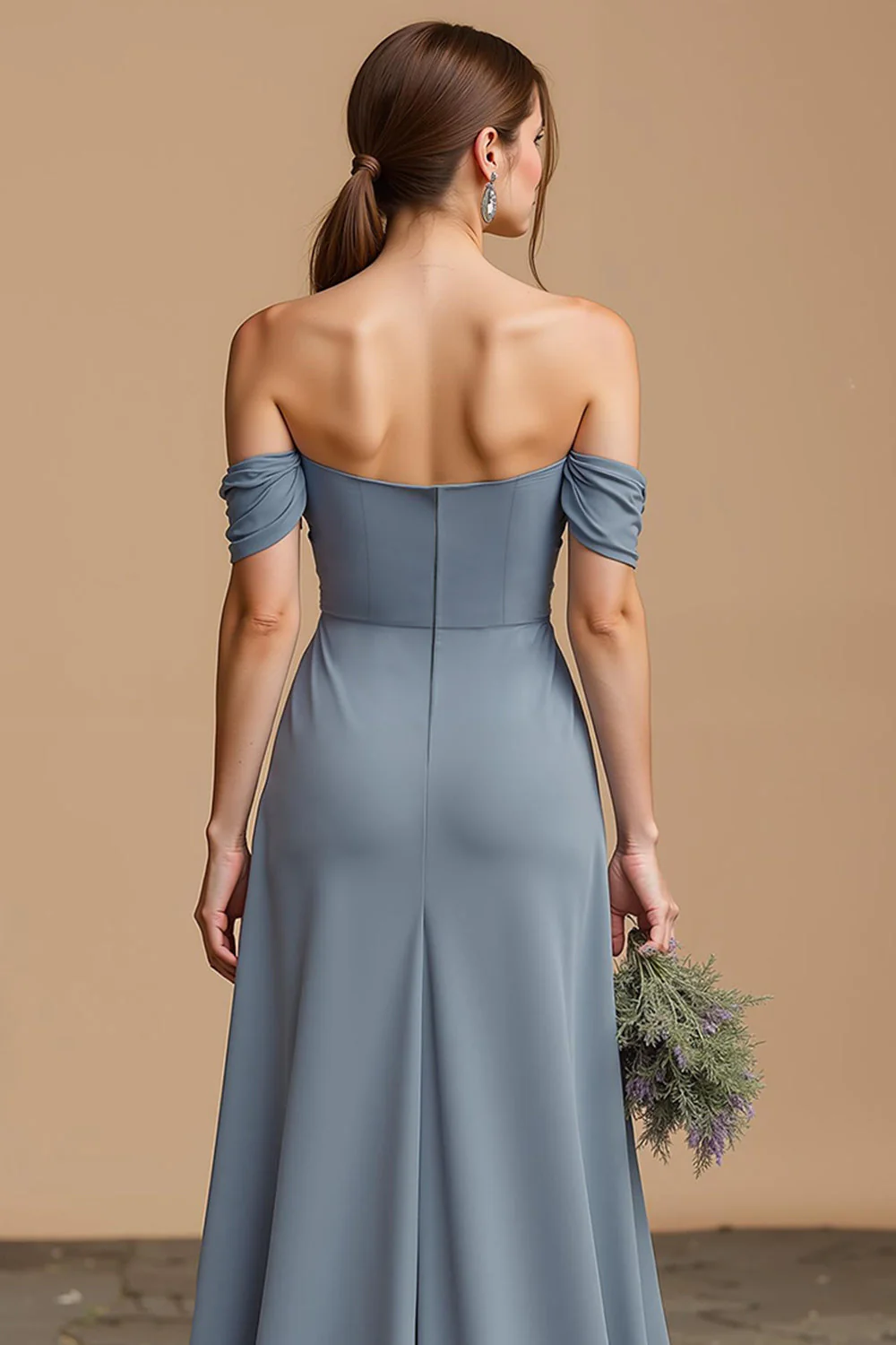 Twilight Long A Line Off Shoulder Sukienka dla druhny z rozcięciem - Image 4