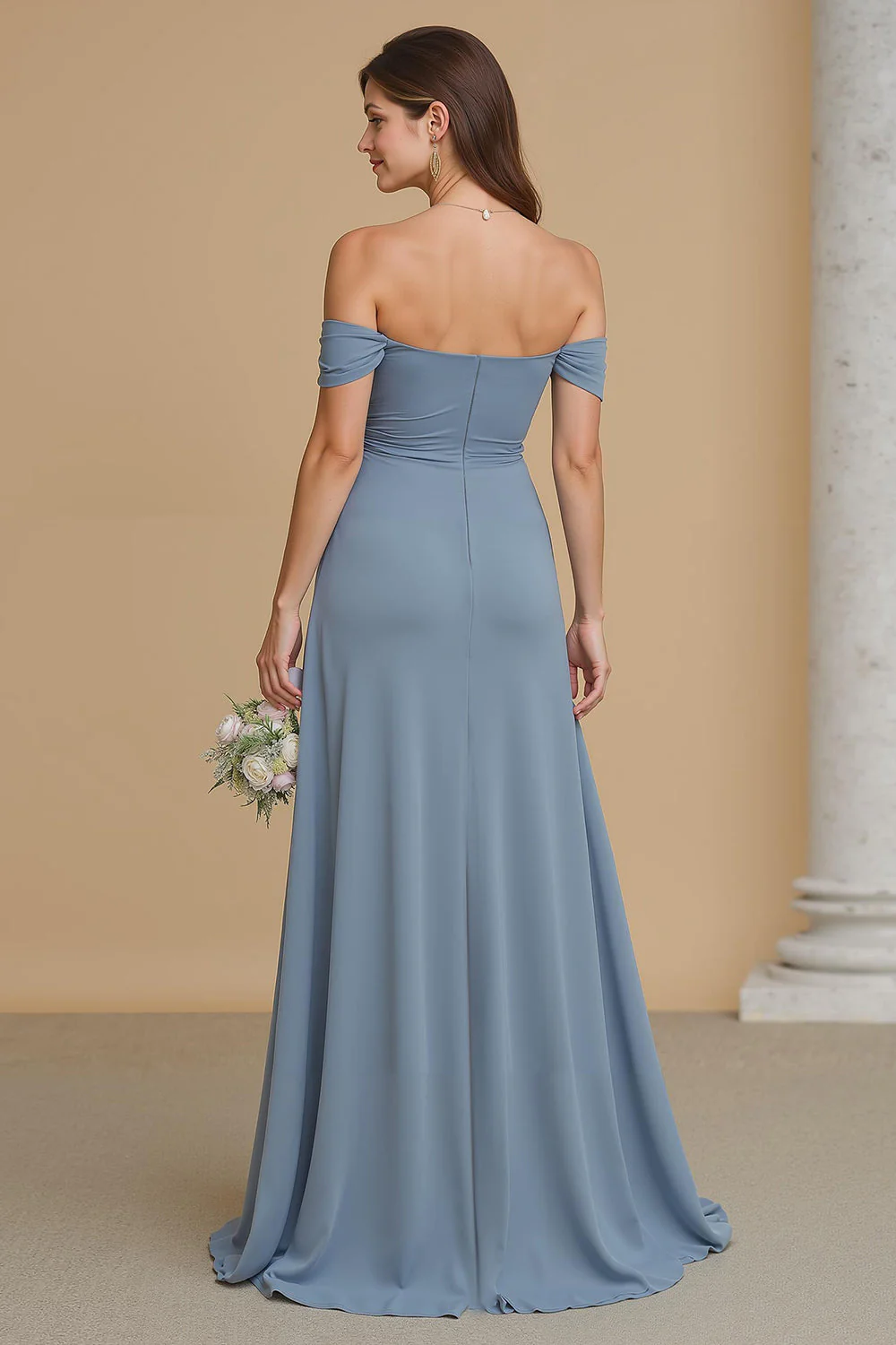 Twilight Maxi A Line Off the Shoulder Bridesmaid Dress with Slit - Image 2