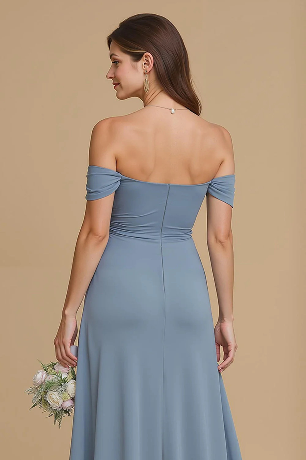 Twilight Maxi A Line Off the Shoulder Bridesmaid Dress with Slit - Image 4