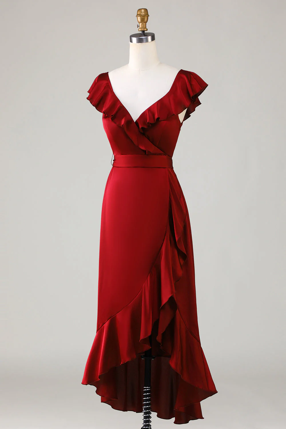 V-Neck Burgundy Suknia dla druhen z marszczeniami - Image 3