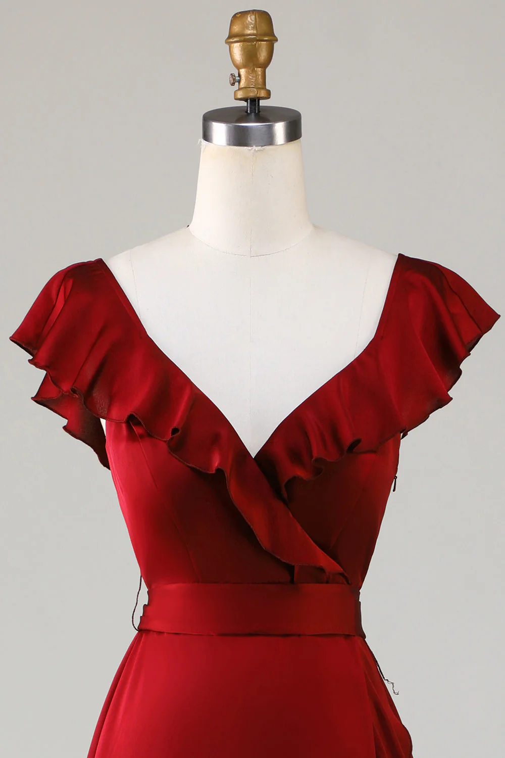 V-Neck Burgundy Suknia dla druhen z marszczeniami - Image 4