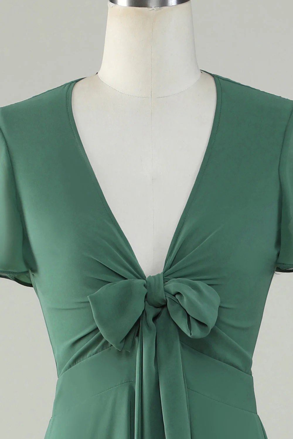 V-Neck Krótki rękaw Eukaliptus Sukienka dla druhen z kokardą - Image 4
