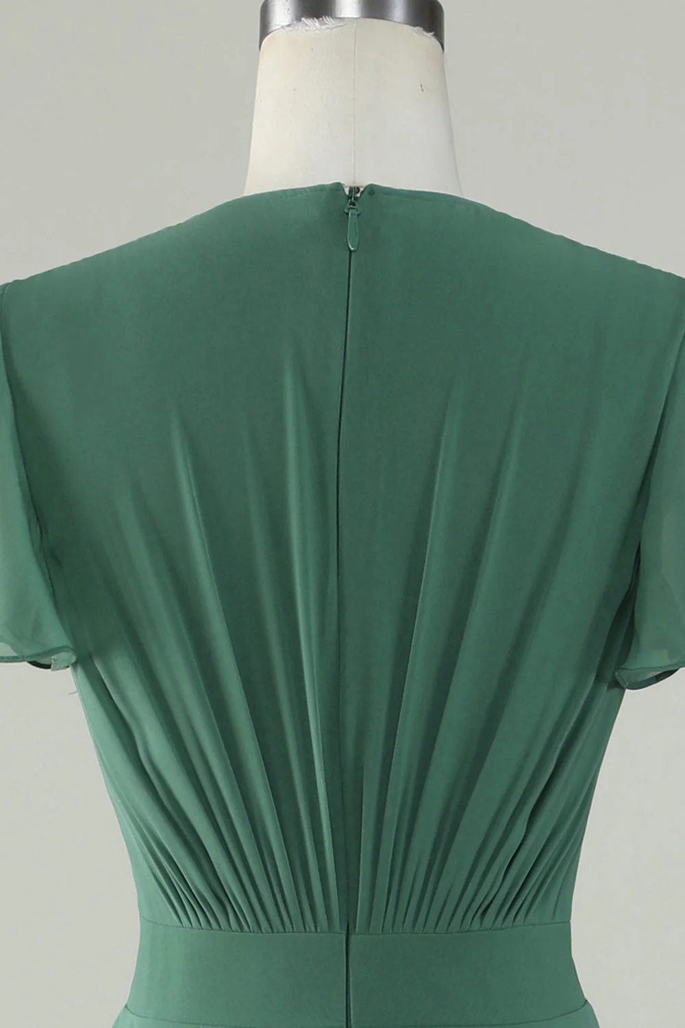 V-Neck Krótki rękaw Eukaliptus Sukienka dla druhen z kokardą - Image 5