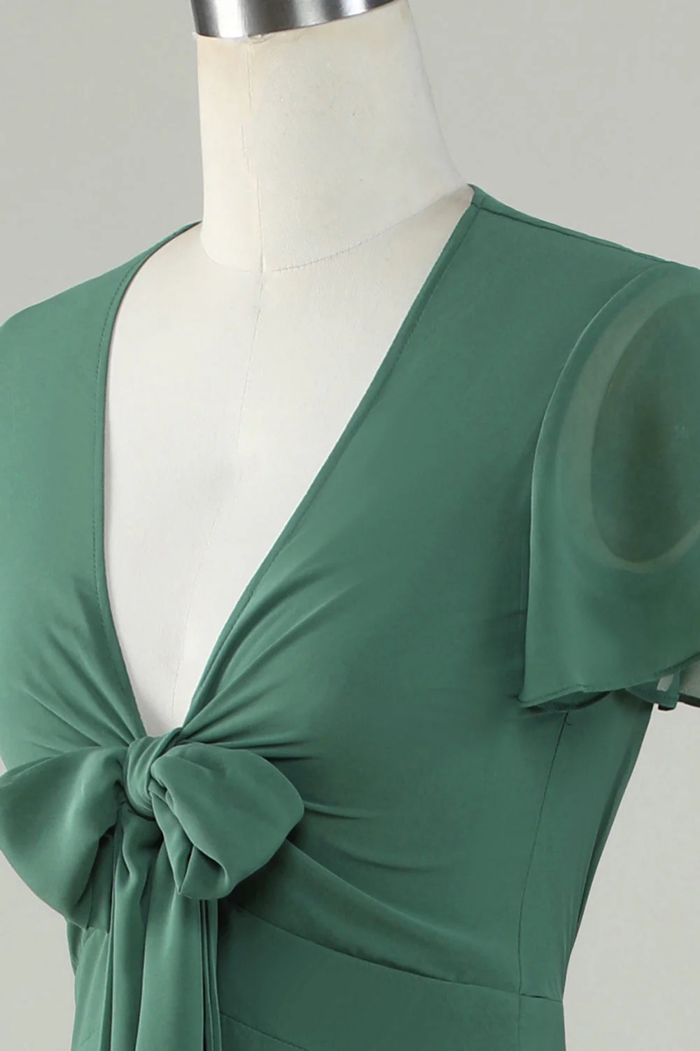 V-Neck Krótki rękaw Eukaliptus Sukienka dla druhen z kokardą - Image 6