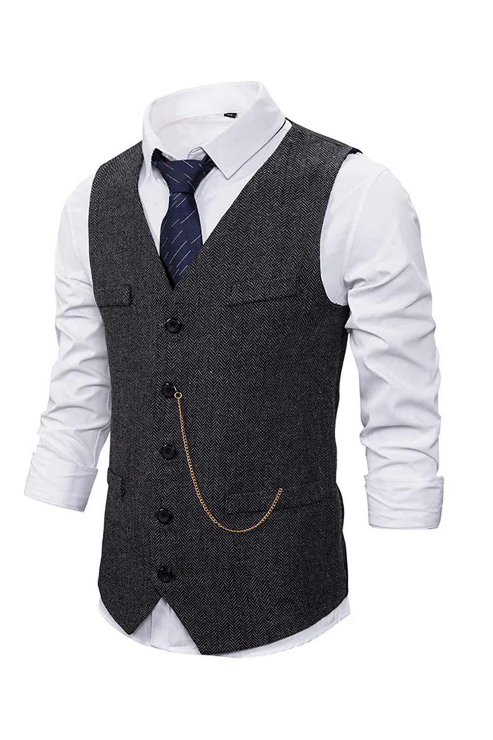 V Neck Single Breasted Męska Szara Kamizelka Casual - Image 6