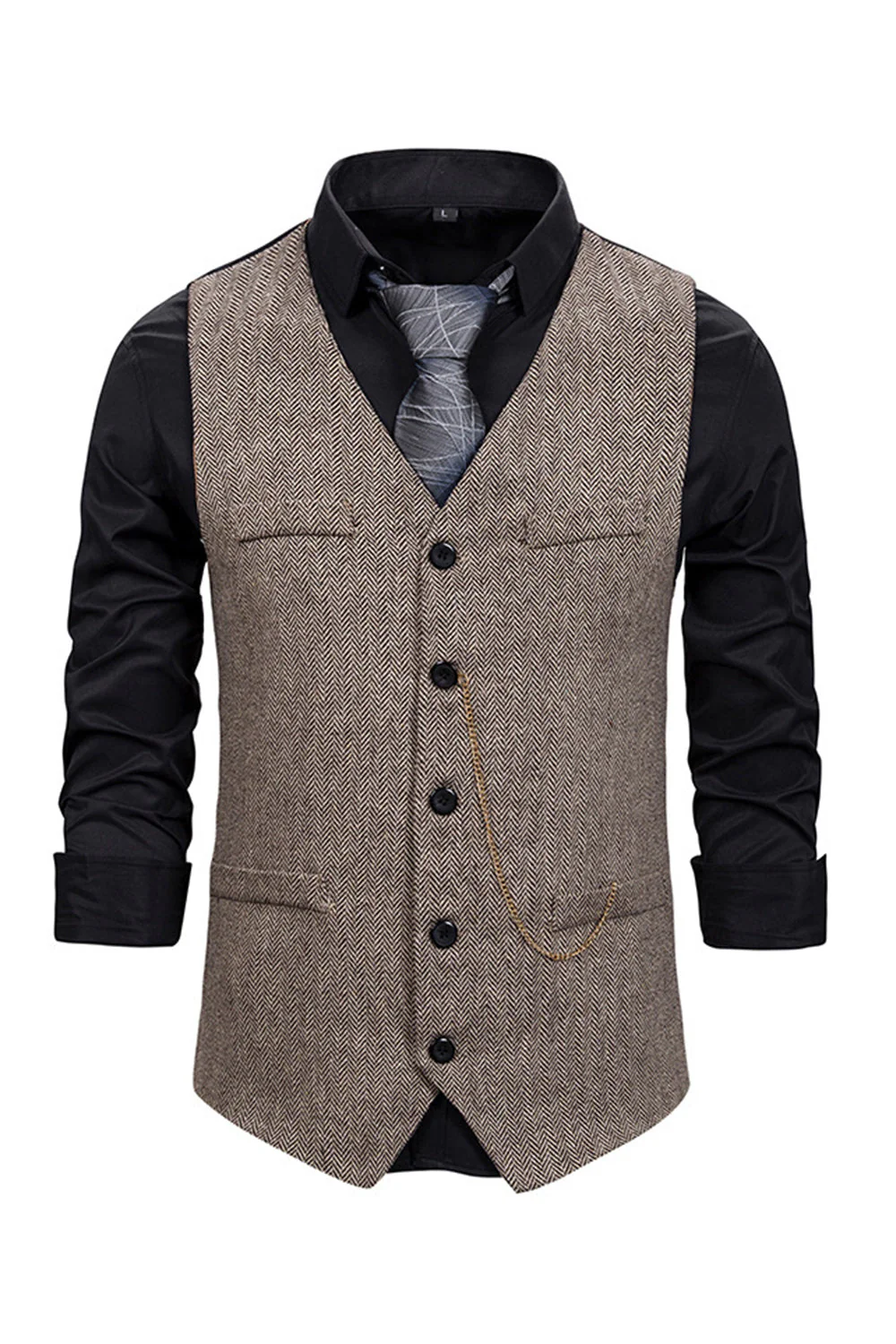 V Neck Single Breasted Męska Szara Kamizelka Casual - Image 7
