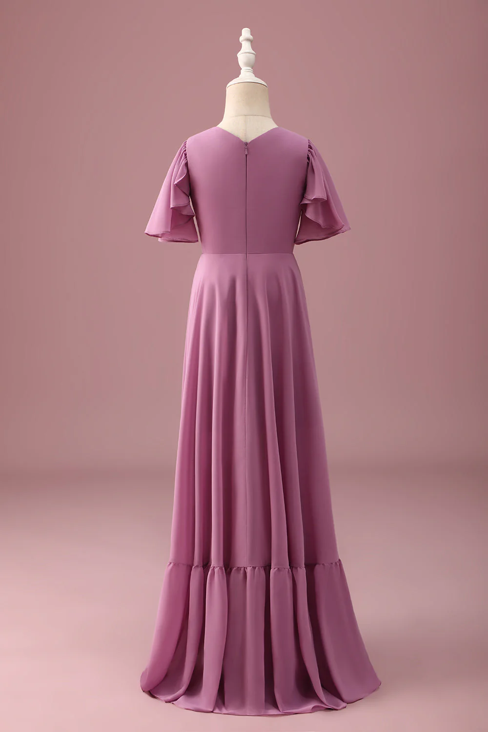 Vintage Mauve A Line Ruched Szyfonowa Młodsza Sukienka Druhny Z Krótkimi Rękawami - Image 2