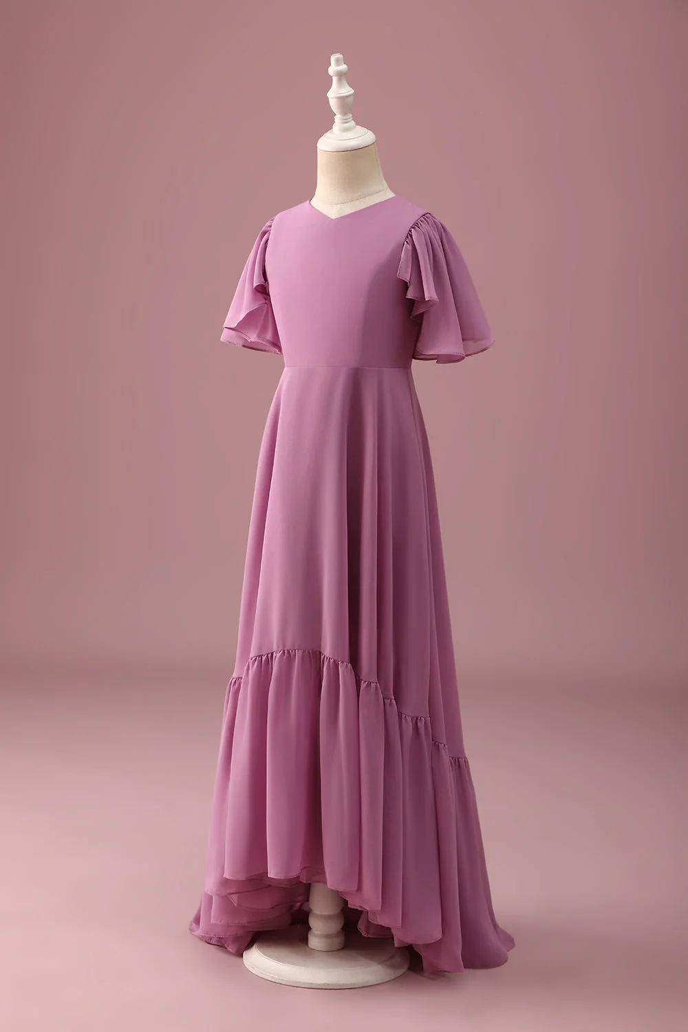 Vintage Mauve A Line Ruched Szyfonowa Młodsza Sukienka Druhny Z Krótkimi Rękawami - Image 3