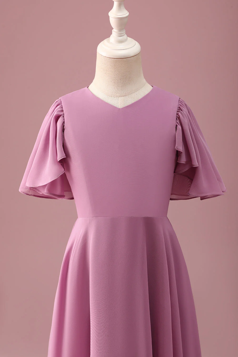 Vintage Mauve A Line Ruched Szyfonowa Młodsza Sukienka Druhny Z Krótkimi Rękawami - Image 4
