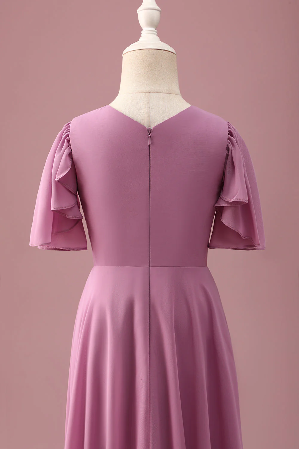 Vintage Mauve A Line Ruched Szyfonowa Młodsza Sukienka Druhny Z Krótkimi Rękawami - Image 5