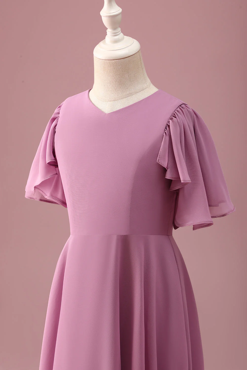 Vintage Mauve A Line Ruched Szyfonowa Młodsza Sukienka Druhny Z Krótkimi Rękawami - Image 6