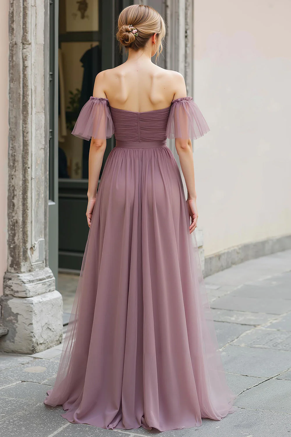 Vintage Mauve Długa Linia Off Ramiona Sukienka Druhny - Image 2