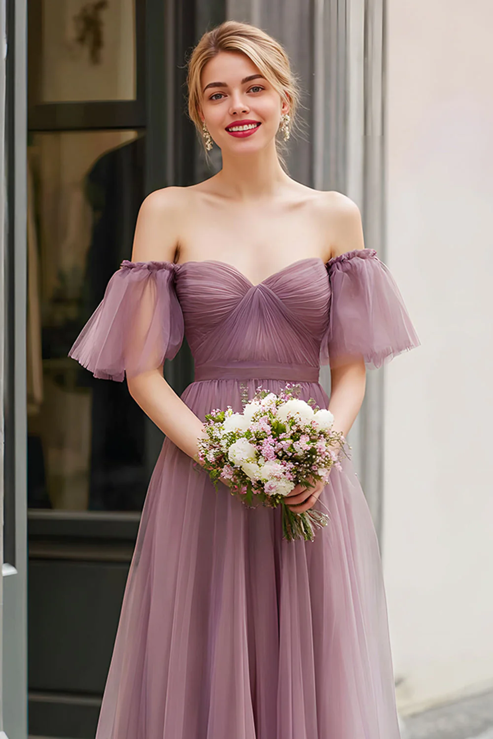 Vintage Mauve Długa Linia Off Ramiona Sukienka Druhny - Image 3