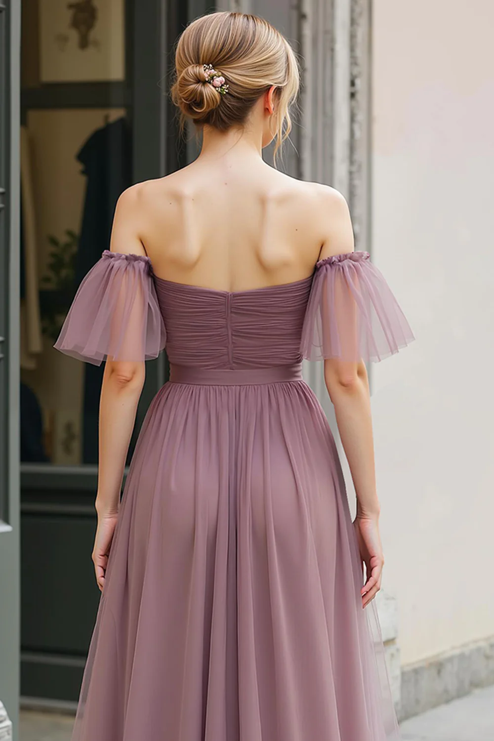 Vintage Mauve Długa Linia Off Ramiona Sukienka Druhny - Image 5