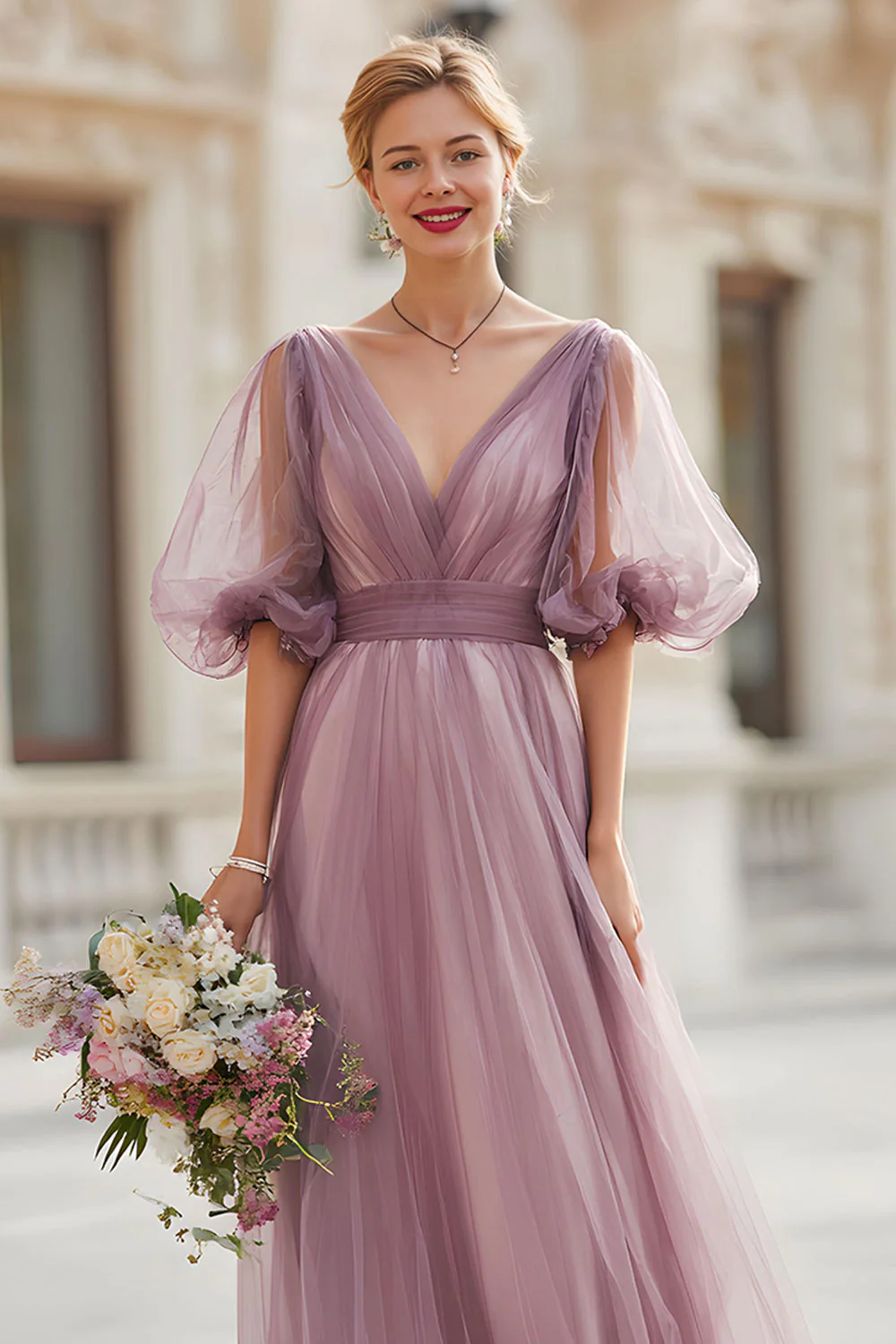 Vintage Mauve V-Neck A Line Długa Sukienka Druhny Z Rękawami - Image 2