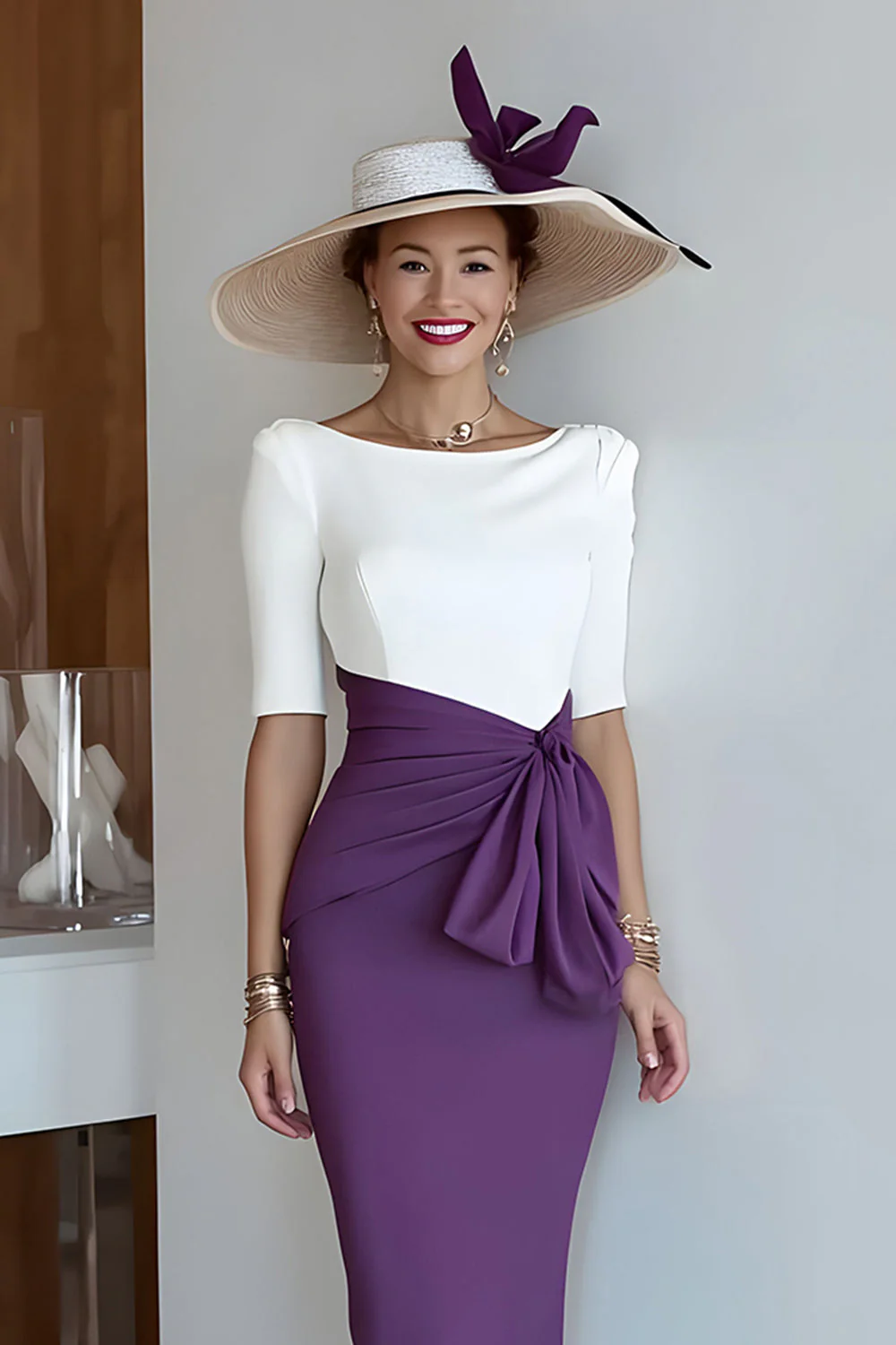 winogrona bodycon satynowy okrągły dekolt midi sukienka dla matki panny młodej - Image 3