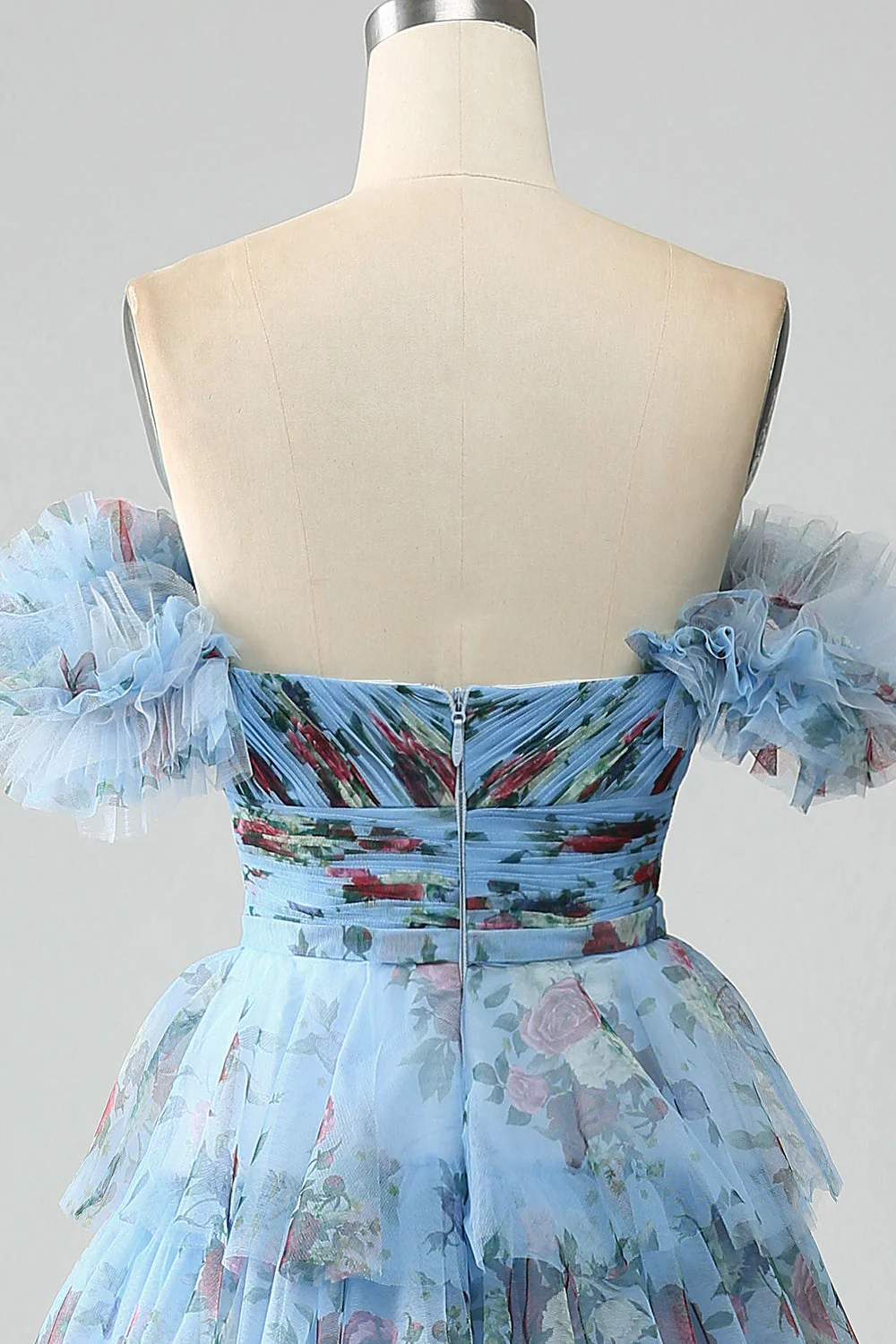 Wspaniała długa sukienka na studniówkę z linią A Off the Shoulder Lavender Print Z Falbankami - Image 11