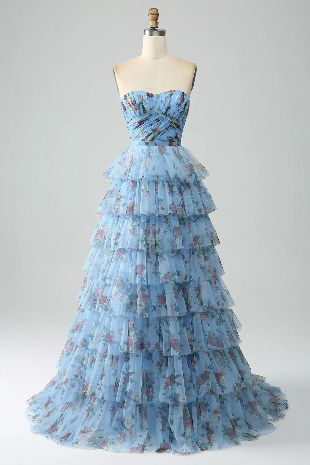 Wspaniała długa sukienka na studniówkę z linią A Off the Shoulder Lavender Print Z Falbankami - Image 8
