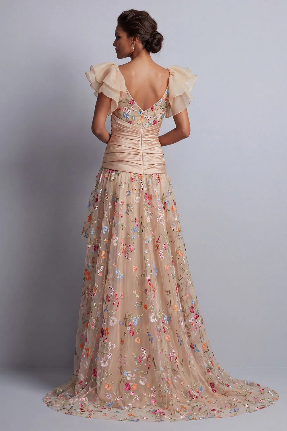 Wysoka sukienka w stylu high-low Champagne A-Line Tiul, haftowana w kwiaty – sukienka matki panny młodej - Image 2