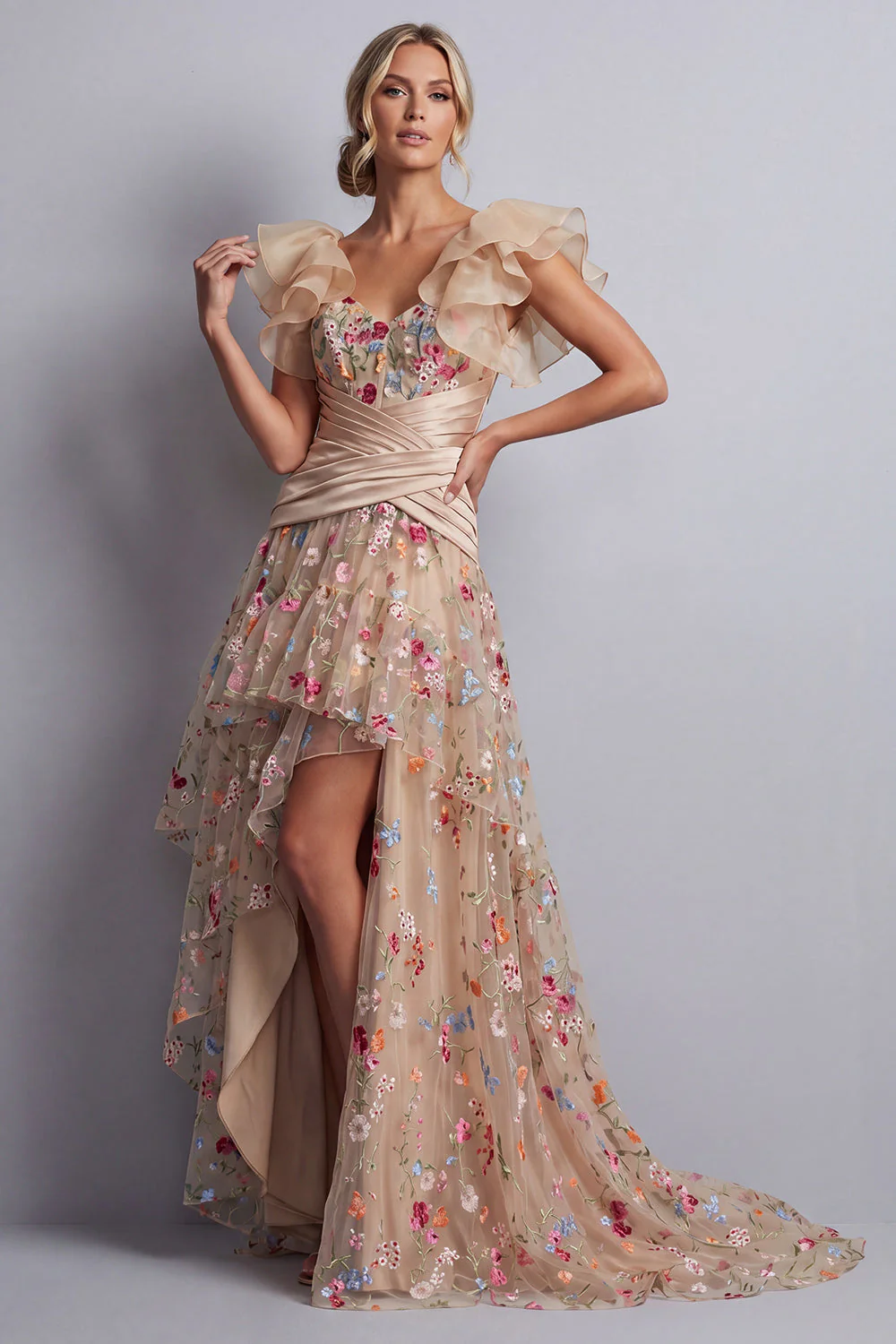 Wysoka sukienka w stylu high-low Champagne A-Line Tiul, haftowana w kwiaty – sukienka matki panny młodej - Image 3