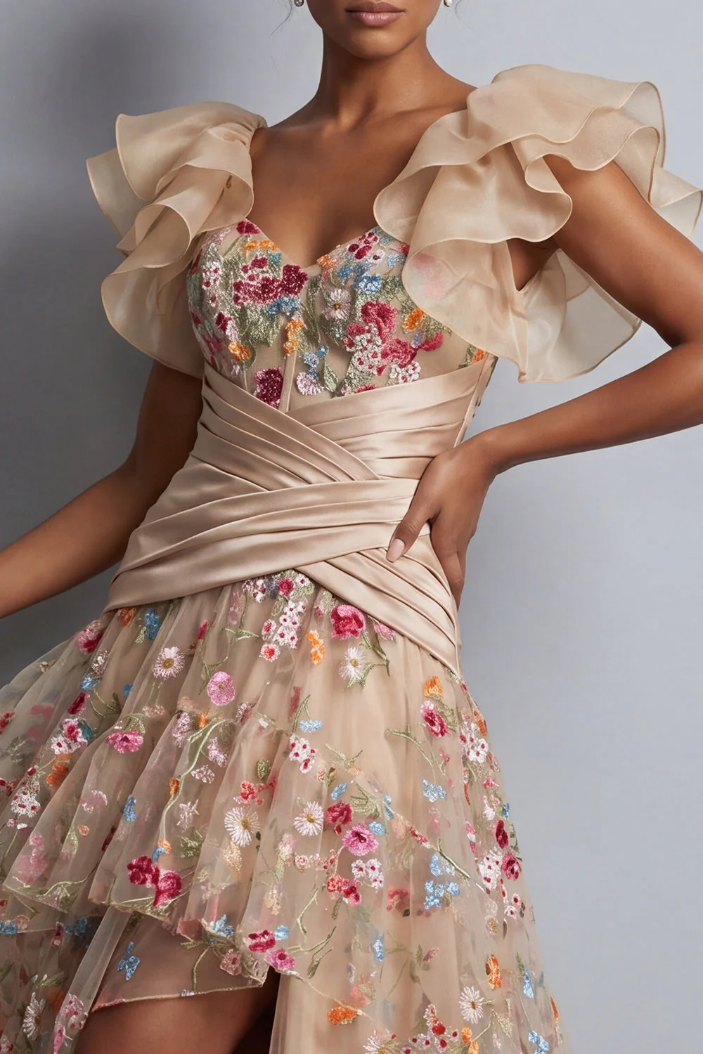 Wysoka sukienka w stylu high-low Champagne A-Line Tiul, haftowana w kwiaty – sukienka matki panny młodej - Image 4