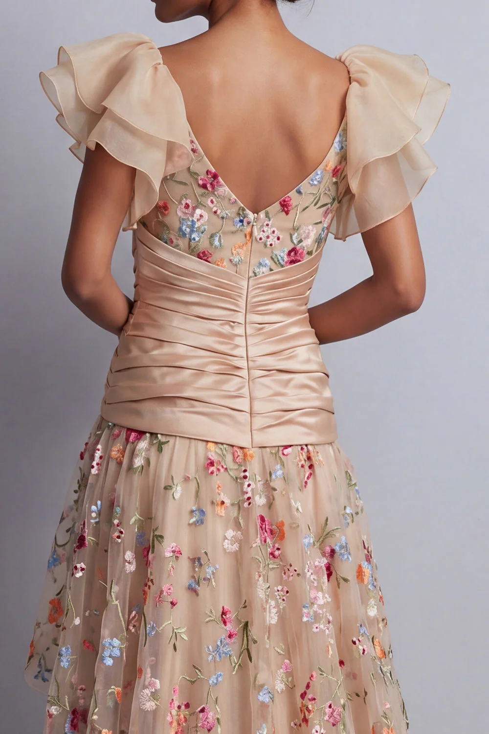 Wysoka sukienka w stylu high-low Champagne A-Line Tiul, haftowana w kwiaty – sukienka matki panny młodej - Image 5