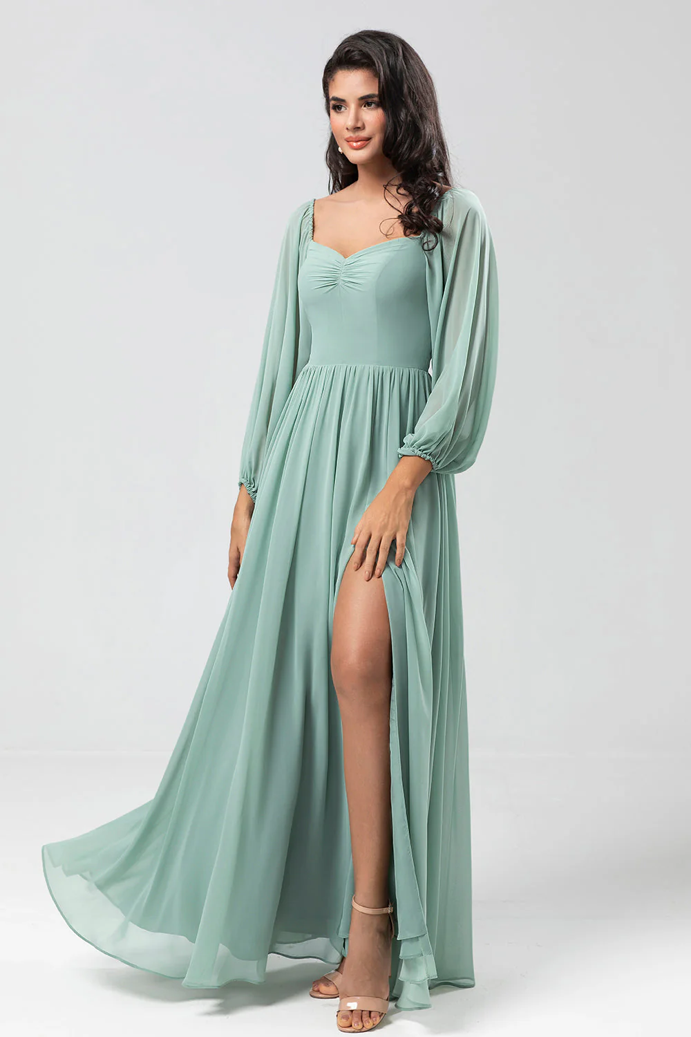 Z Długim Rękawem Zielona Sukienki Dla Druhny Z Rozcięciem - Image 5