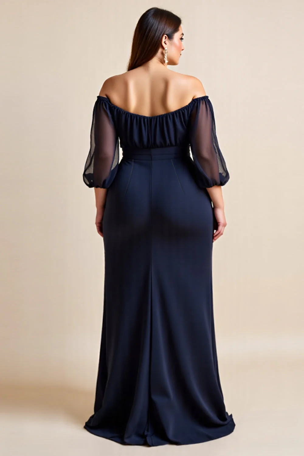 Z Odkrytymi Ramionami Granatowa Ruched Plus Size Sukienka Dla Matki Panny Młodej Z Rozcięciem - Image 2